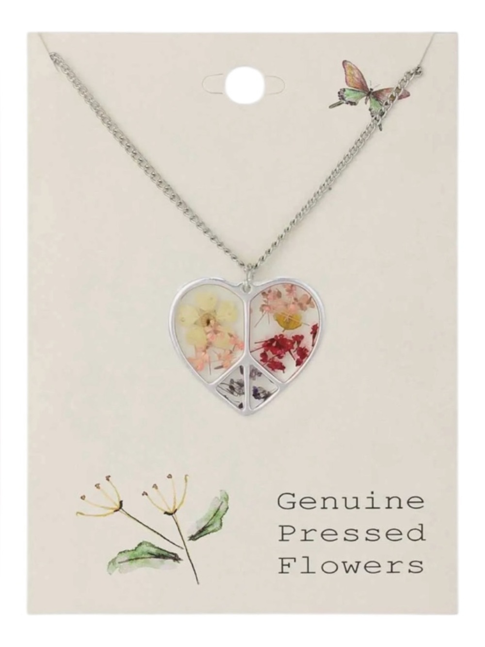 Pressed Flower Heart Pendant Necklace - Silver with Multicolor Flowers